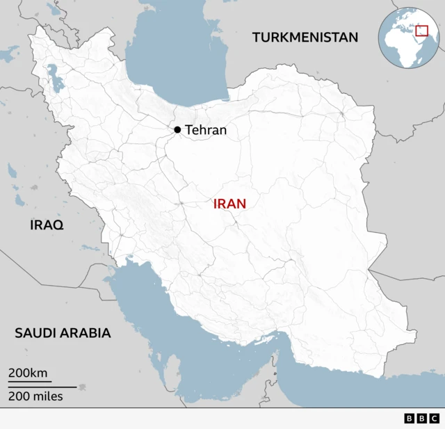 Map shows where Iran is, with bordering countries, Turkmenistan, Iraq and Saudi Arabia labelled and capital city, Tehran, labelled too
