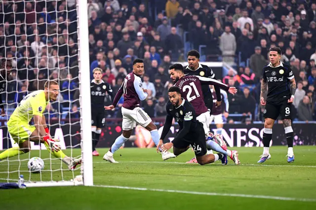 Douglas Luis of Aston Villa scores his team's first goal