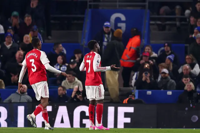 Bukayo Saka of Arsenal celebrates after he scored