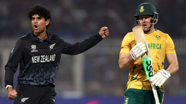 Rachin Ravindra of New Zealand celebrates taking the wicket of David Miller of South Africa
