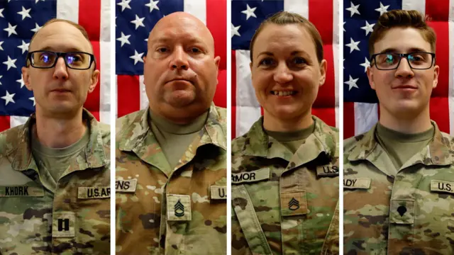 A composite image shows three male soldiers and a female soldier in fatigues standing in front of US flags.