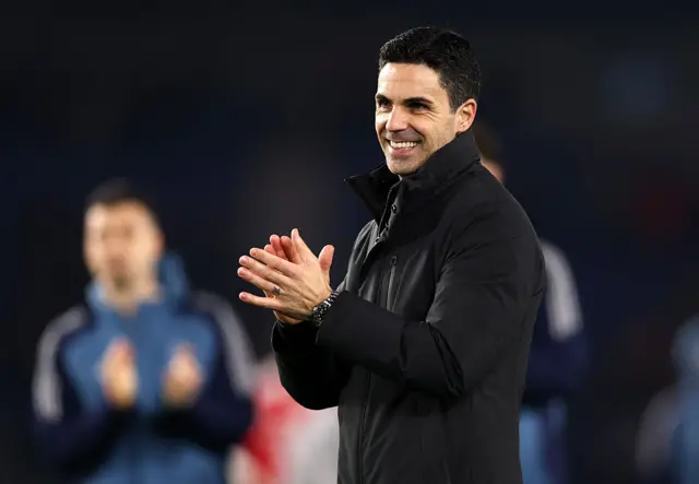 Mikel Arteta, Manager of Arsenal, applauds the fans