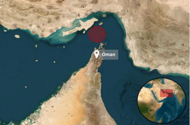 Map labelling Oman, with red circle north of Oman signalling where attack took place