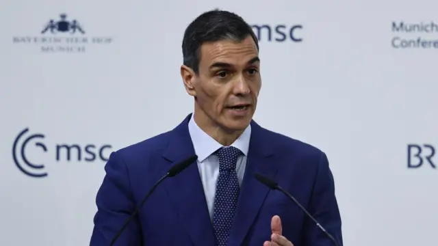 Spain's Prime Minister Pedro Sanchez speaks during the 62nd Munich Security Conference