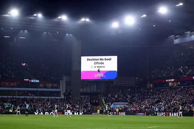 The screen shows the VAR offside decision ruling the goal out from Ollie Watkins of Aston Villa