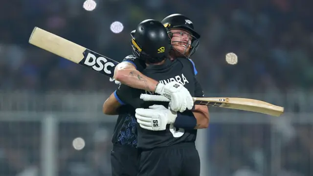Finn Allen and Rachin Ravindra of New Zealand celebrate victory