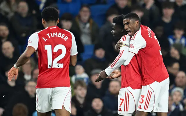 Bukayo Saka of Arsenal celebrates scoring his team's first goal