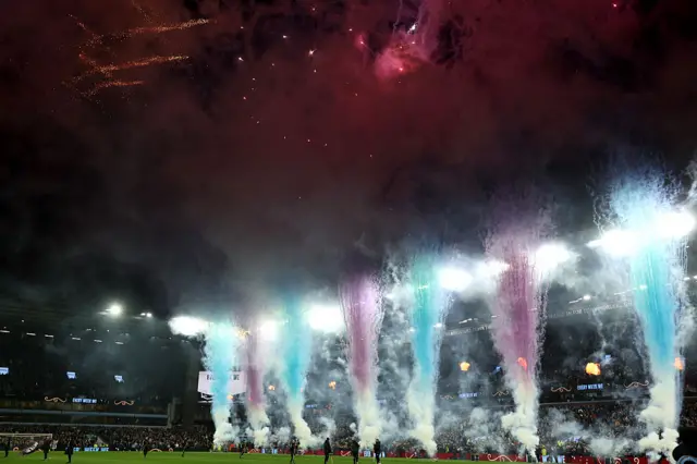 Fireworks are released prior to the English Premier League football match between Aston Villa and Chelsea at Villa Park in Birmingham