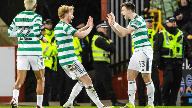 Celtic’s Kieran Tierney celebrates with Liam Scales after scoring to make it 1-0