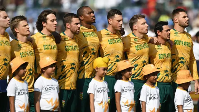 South Africa's players lined up for the national anthem