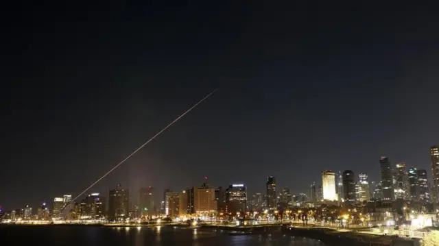 Israel's Iron Dome air defence system intercepts projectiles over Tel Aviv