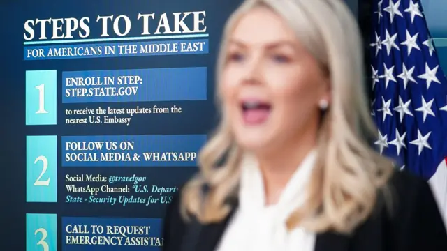 Karoline Leavitt in front of slides showing what steps Americans should take