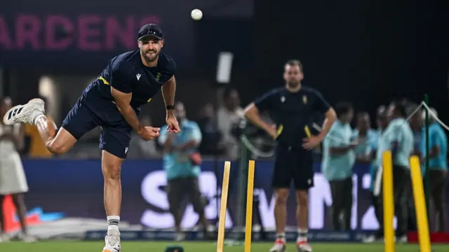 South Africa's captain Aiden Markram warms up before the start of the 2026 ICC Men's T20 Cricket World Cup semi-final match between New Zealand and South Africa at the Eden Gardens in Kolkata on March 4, 2026.