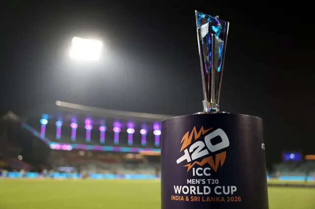 The trophy on display on a plinth prior to the ICC Men's T20 World Cup India & Sri Lanka 2026 Semi-Final match between South Africa and New Zealand at Eden Gardens