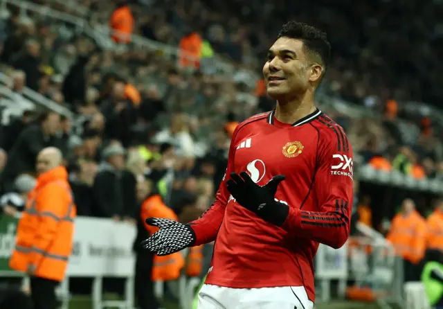 Manchester United's Casemiro celebrates scoring their first goal