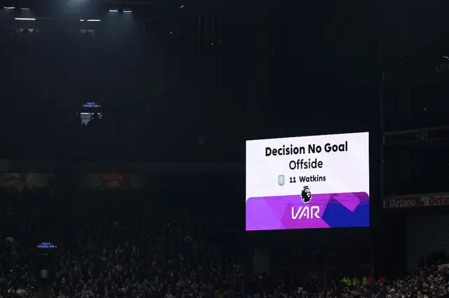 A general view inside the stadium as the LED board shows the goal of Ollie Watkins of Aston Villa ruled offside