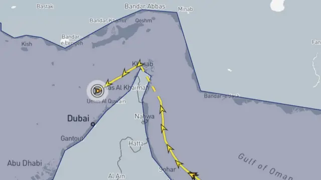 A map of the path taken by a cargo vessel, it shows data being broadcast in a straight line sailing north-west along the coast of Oman, then dashed lines where nothing was broadcast as it passes through the strait of Hormuz, then broadcasts again sailing south-west along the coast of the UAE.