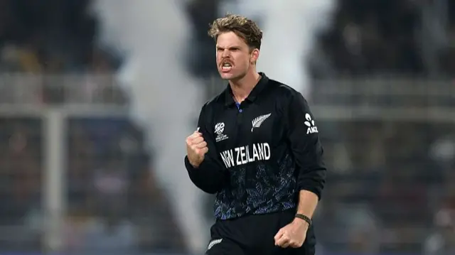4: Lockie Ferguson of New Zealand celebrates taking the wicket of Tristan Stubbs of South Africa