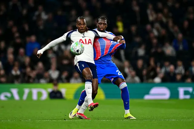 Mathys Tel is put under pressure by Crystal Palace's French defender #23 Jaydee Canvot