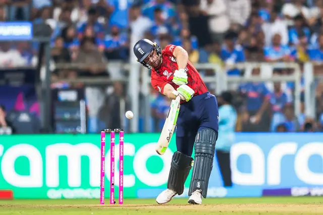 : Jos Buttler of England bats during the ICC Men's T20 World Cup India & Sri Lanka 2026 Semi-Final match between India and England