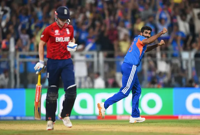 Jasprit Bumrah of India celebrates the wicket of Harry Brook of England