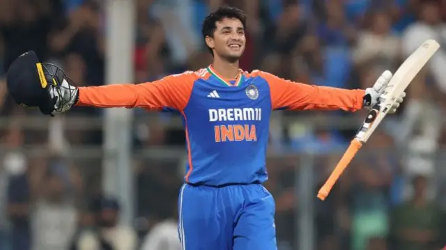 Abhishek Sharma of India celebrates his century during the 5th T20 International between India and England