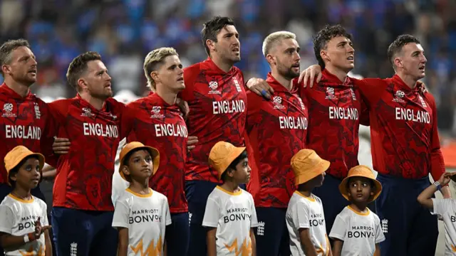 England line up for the national anthems ahead of the ICC Men's T20 World Cup India & Sri Lanka