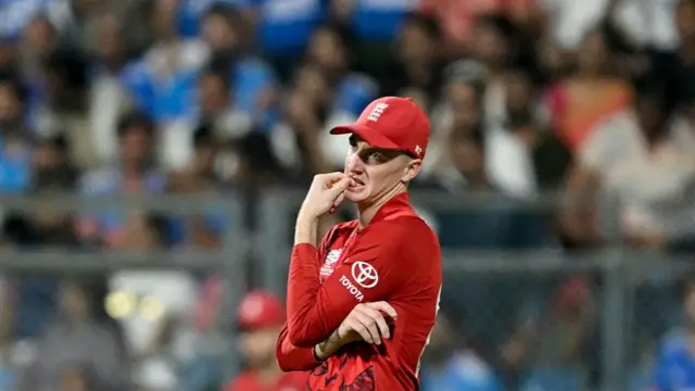England's captain Harry Brook looks on during the 2026 ICC Men's T20 Cricket World Cup semi-final