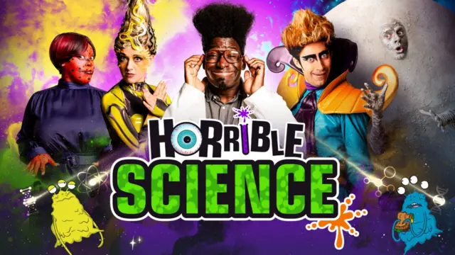 Image of characters from the CBBC series Horrible Science, with the title in the foreground