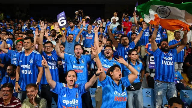 : Spectators react in the crowd during the ICC Men's T20 World Cup India & Sri Lanka 2026 Semi-Final match between India and England at Wankhede Stadium on March 05, 2026 in Mumbai, India.