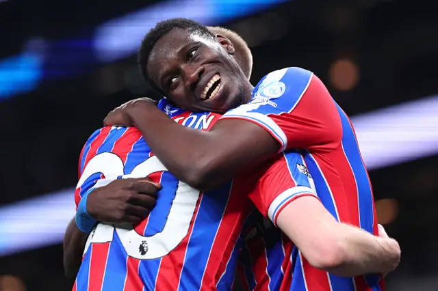 Ismaila Sarr of Crystal Palace celebrates scoring their third goal with Adam Wharton