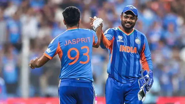 Sanju Samson and Jasprit Bumrah of India celebrates the victory