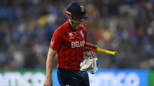 : England captain Harry Brook leaves the field after being dismissed by Jasprit Bumrah of India