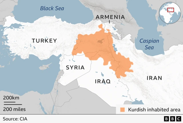 This map shows the main region where Kurds live, often called Kurdistan (cultural/ethnic region, not an independent country). The section is highlighted in orange. The highlighted area spreads across parts of five countries. Turkey – southeastern Turkey has the largest Kurdish population. Iran – western Iran contains several Kurdish provinces. Iraq – northern Iraq is home to the autonomous Kurdistan Region. Syria – northern Syria has Kurdish-majority areas sometimes called Rojava. Armenia – a small section of western Armenia is highlighted. The source is CIA.
