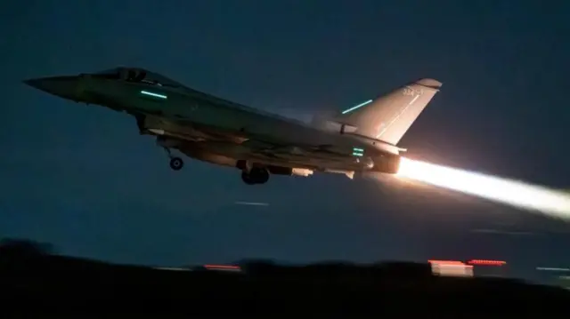 An RAF Typhoon aircraft, seen taking off from the UK for operations across the Middle East earlier this month