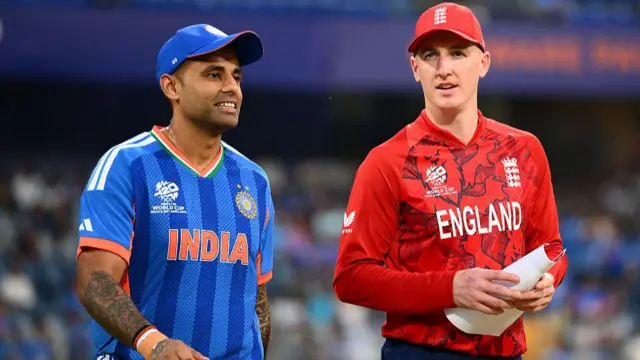 Suryakumar Yadav of India alongside England captain Harry Brook a