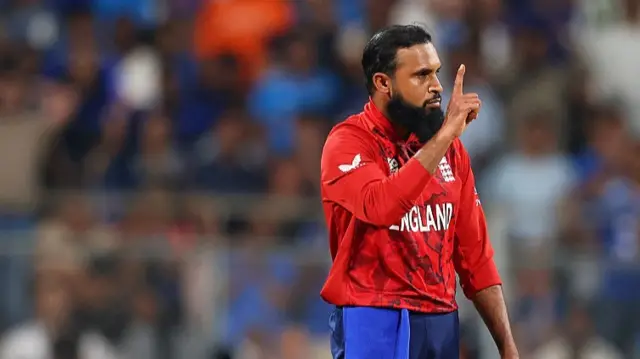 dil Rashid of England celebrates the wicket of Ishan Kishan of India during the ICC Men's T20 World Cup India & Sri Lanka 2026 Semi-Fin