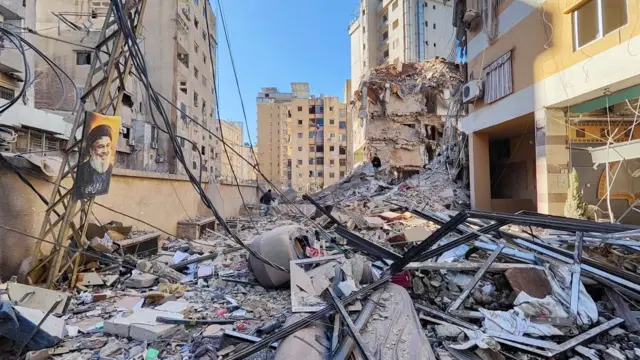 A view shows the rubble of a damaged building after an Israeli strike on Beirut's southern suburbs, following renewed hostilities between Hezbollah and Israel amid the U.S.-Israeli conflict with Iran, Lebanon