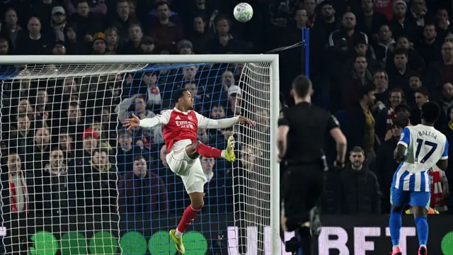 Gabriel heads Baleba's shot over the bar