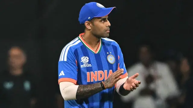 India's captain Suryakumar Yadav celebrates his team's win at the end of the 2026 ICC Men's T20 Cricket World Cup semi-final match between India and England