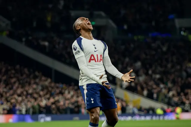 Mathys Tel of Tottenham Hotspur reacts