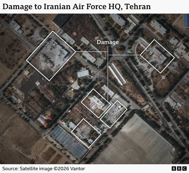 Satellite image of at least 6 damaged or destroyed at Iran's air force headquarter