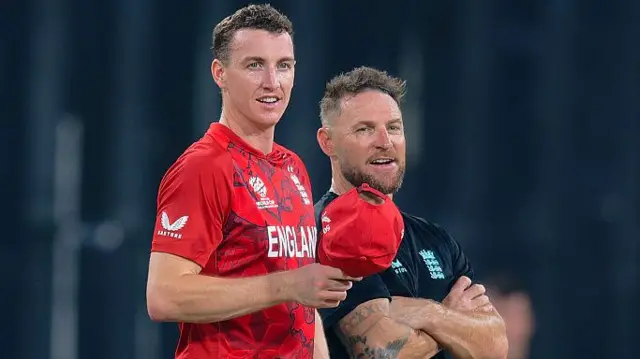 : Harry Brook and Brendon McCullum of England looks on