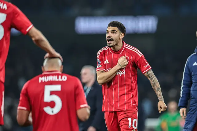 Morgan Gibbs-White of Nottingham Forest celebrates as the full-time whistle is blown
