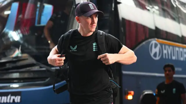 : Harry Brook of England arrives ahead of the ICC Men's T20 World Cup India & Sri Lanka 2026 Semi-Final match between India and England at Wankhede Stadium