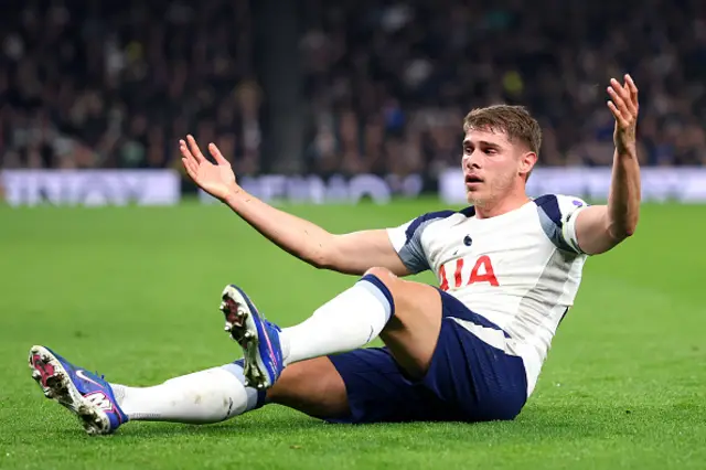 Micky van de Ven of Tottenham Hotspur reacts