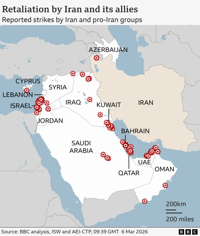 Map of Iran and pro-Iran strikes across the Middle East