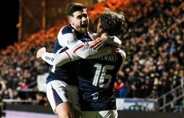 Falkirk's Barney Stewart (right) celebrates scoring to make it 1-0 with Leon McCann