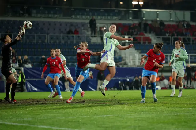 Elise Hughes scores her injury time goal v Czech Republic