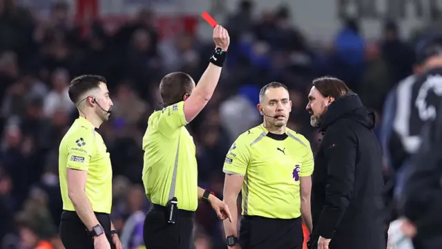 Daniel Farke the head coach / manager of Leeds United is sent off by Referee Peter Bankes at full time during the Premier League match between Leeds United and Manchester City at Elland Road